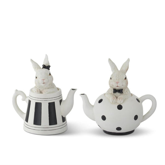 5.75 in White Resin Bunnies in Black & White Teapots (Set of 2)
