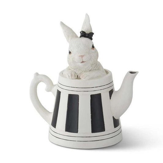 5.75 in White Resin Bunnies in Black & White Teapots (Set of 2)