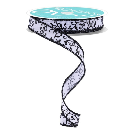 5/8" Glitter Mini Leaf Vines Ribbon: White/Black (10 Yards)