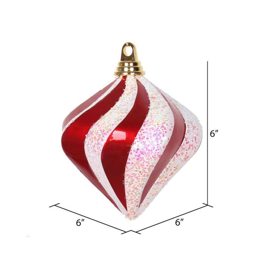 6'' Red and White Candy Glitter Swirl Diamond Ornament