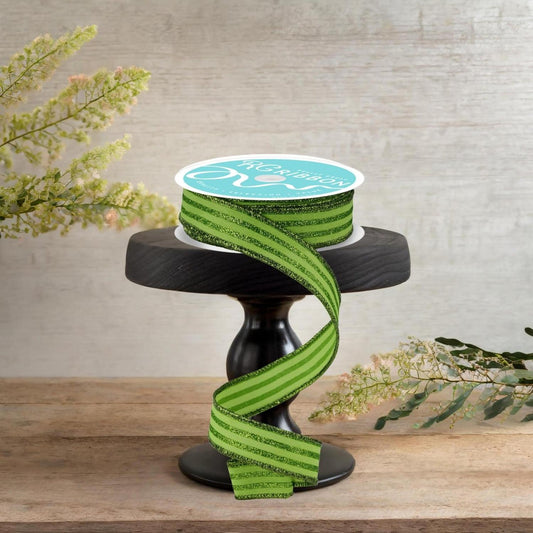 7/8" Glitter Vertical Stripe Ribbon: Lime Green (10 Yards)