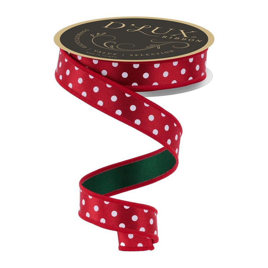 7/8" Small Polka Dot Fused Ribbon: Green/Red (10 Yards)