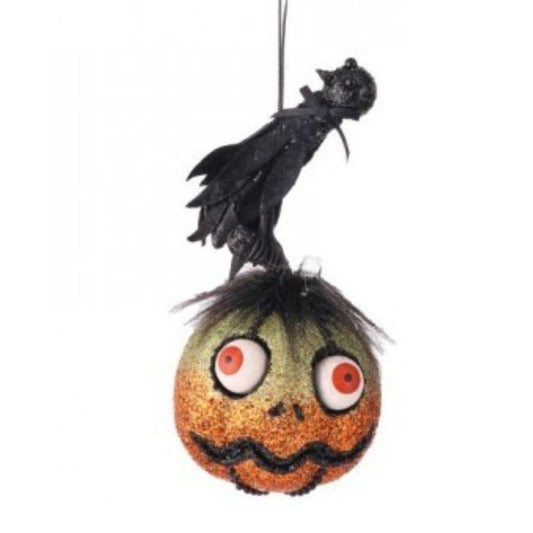 8" Glitter Pumpkin with Crow Hanger