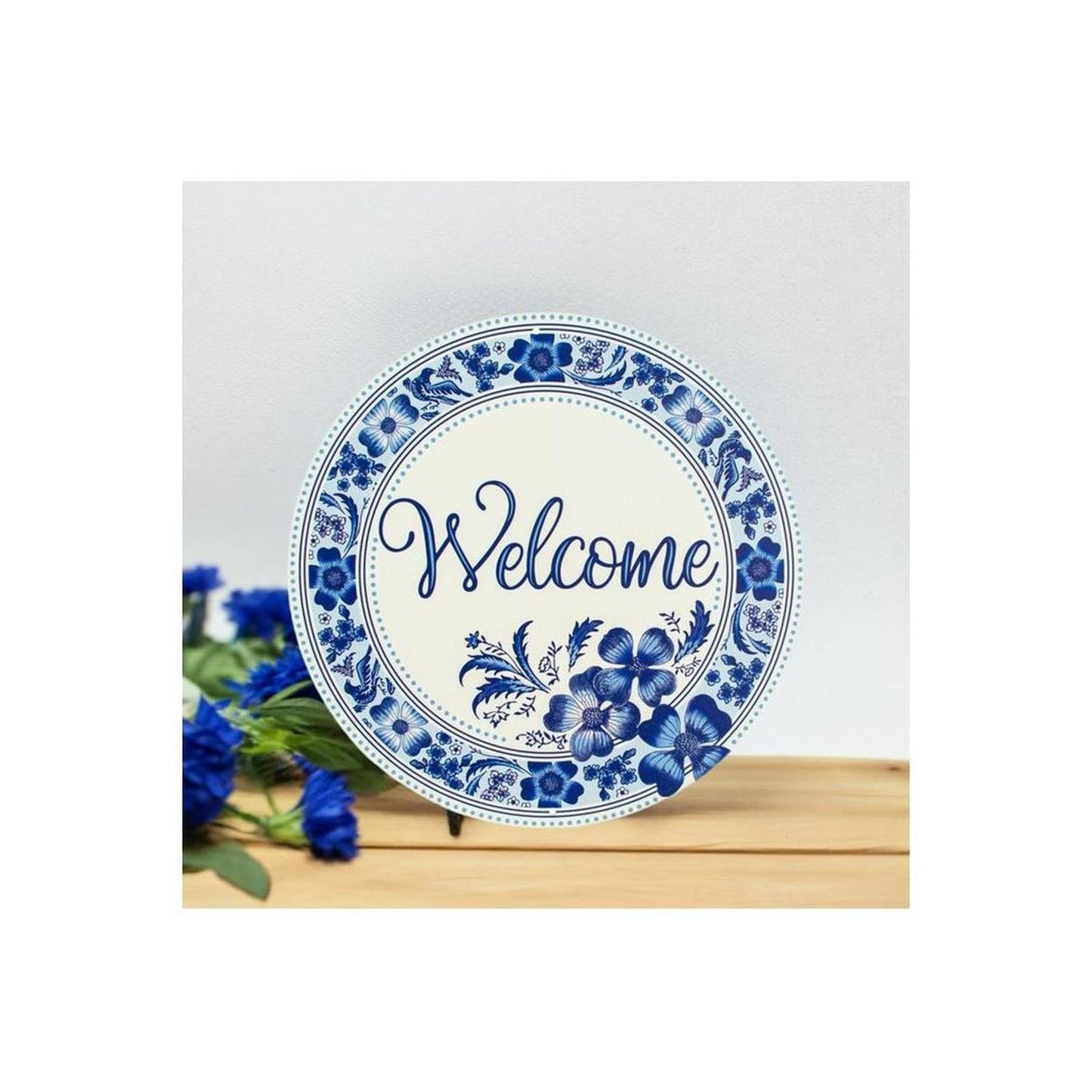8" Metal Round Sign: Welcome Blue Floral
