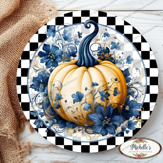 Blue Chinoiserie Floral Pumpkin Round Sign