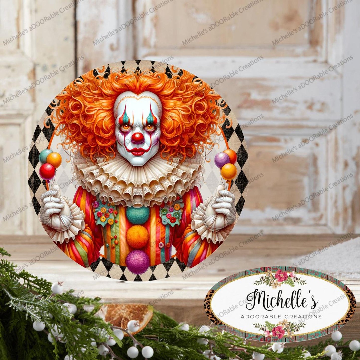 Colorful Halloween Clown Round Sign