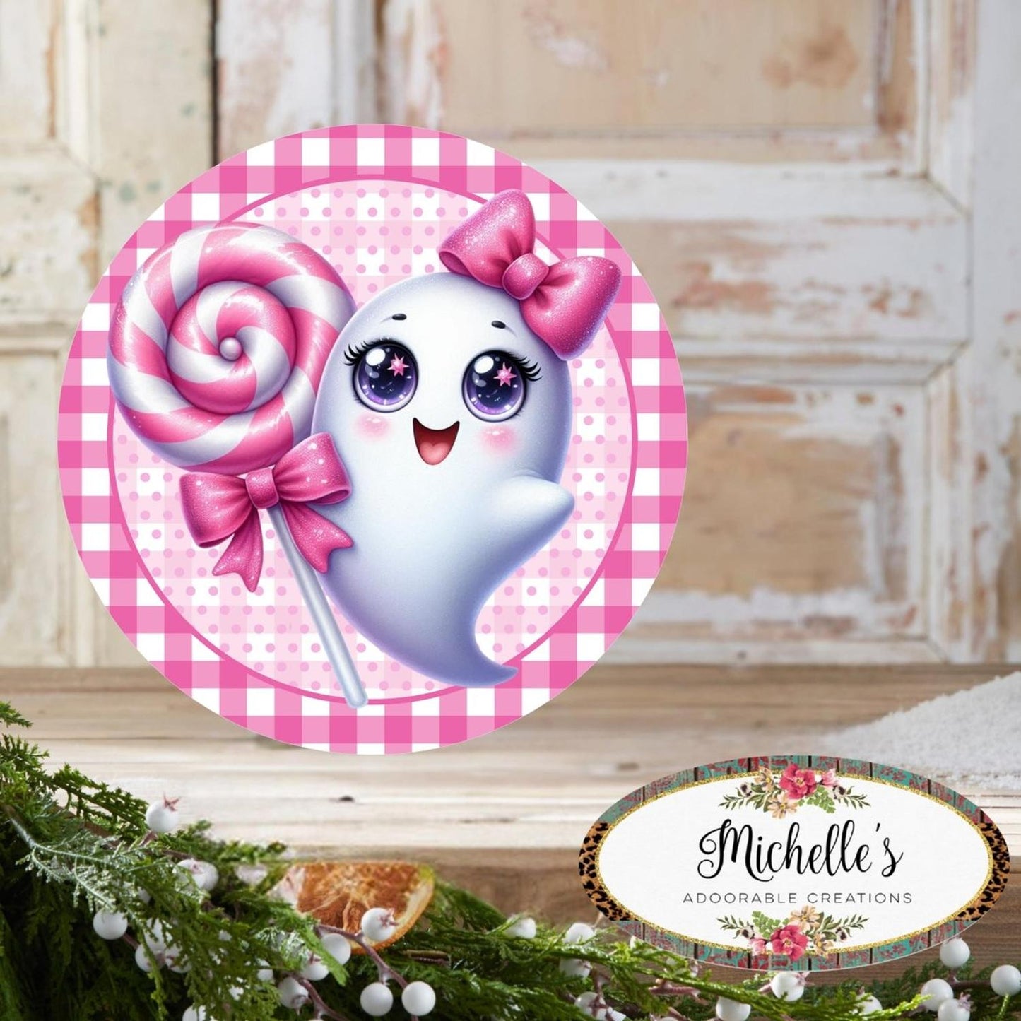 Cute Pink Halloween Ghost Round Sign