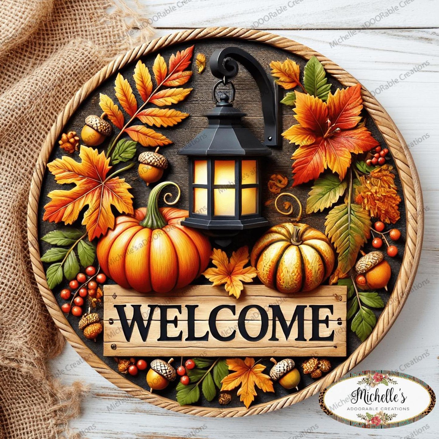 Fall Foliage Lantern Welcome Round Sign
