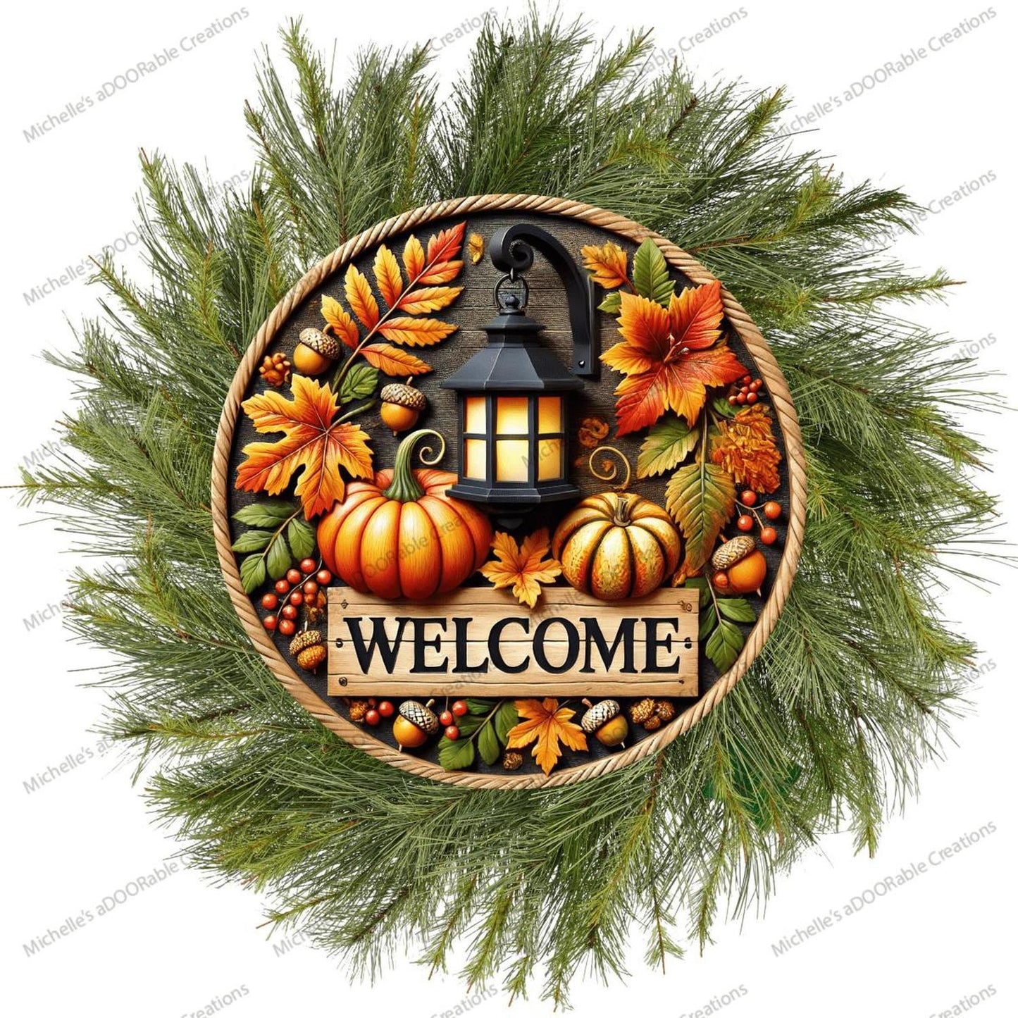 Fall Foliage Lantern Welcome Round Sign