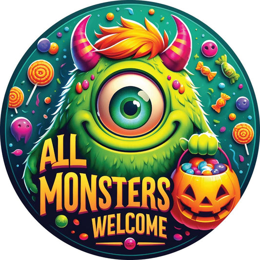 Green All Monsters Are Welcome Round Sign