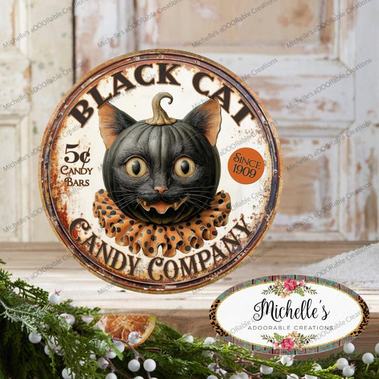 Halloween Vintage Black Cat Candy Company Round Sign