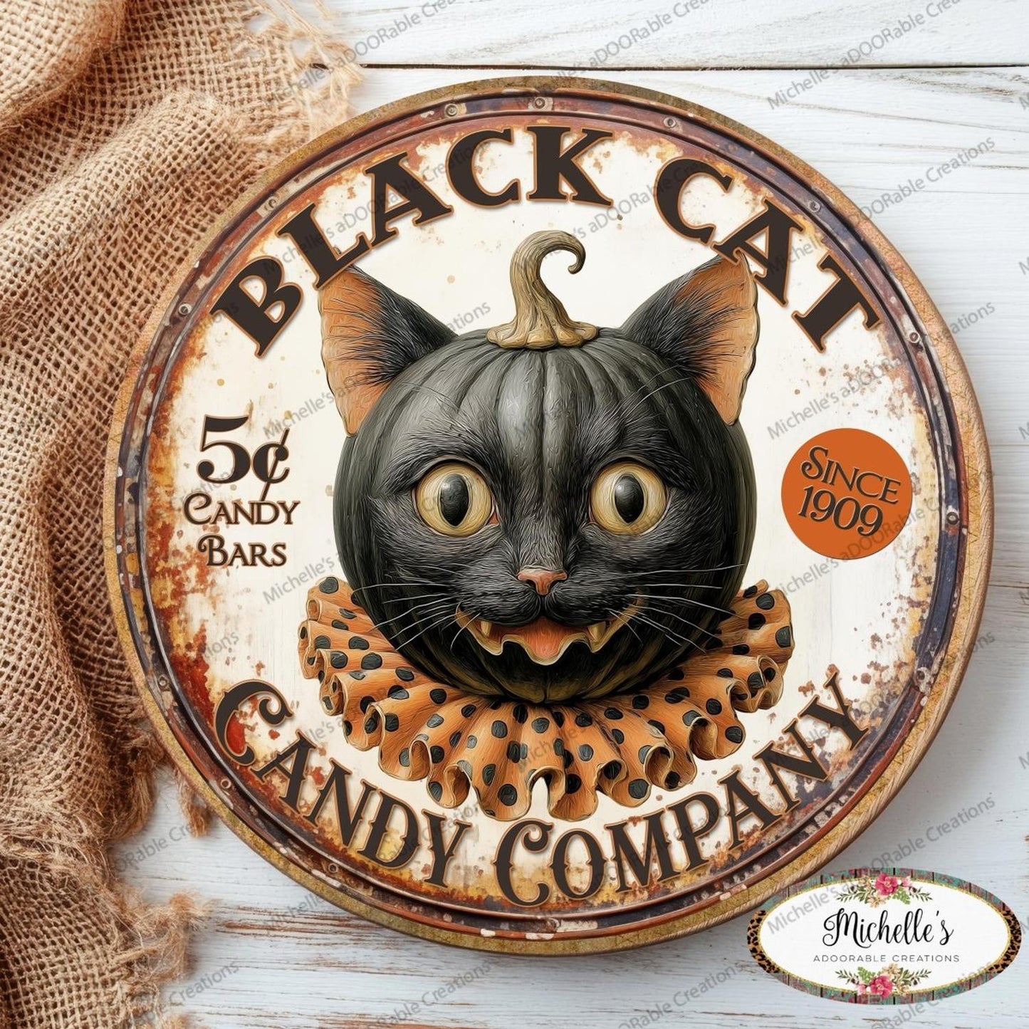 Halloween Vintage Black Cat Candy Company Round Sign