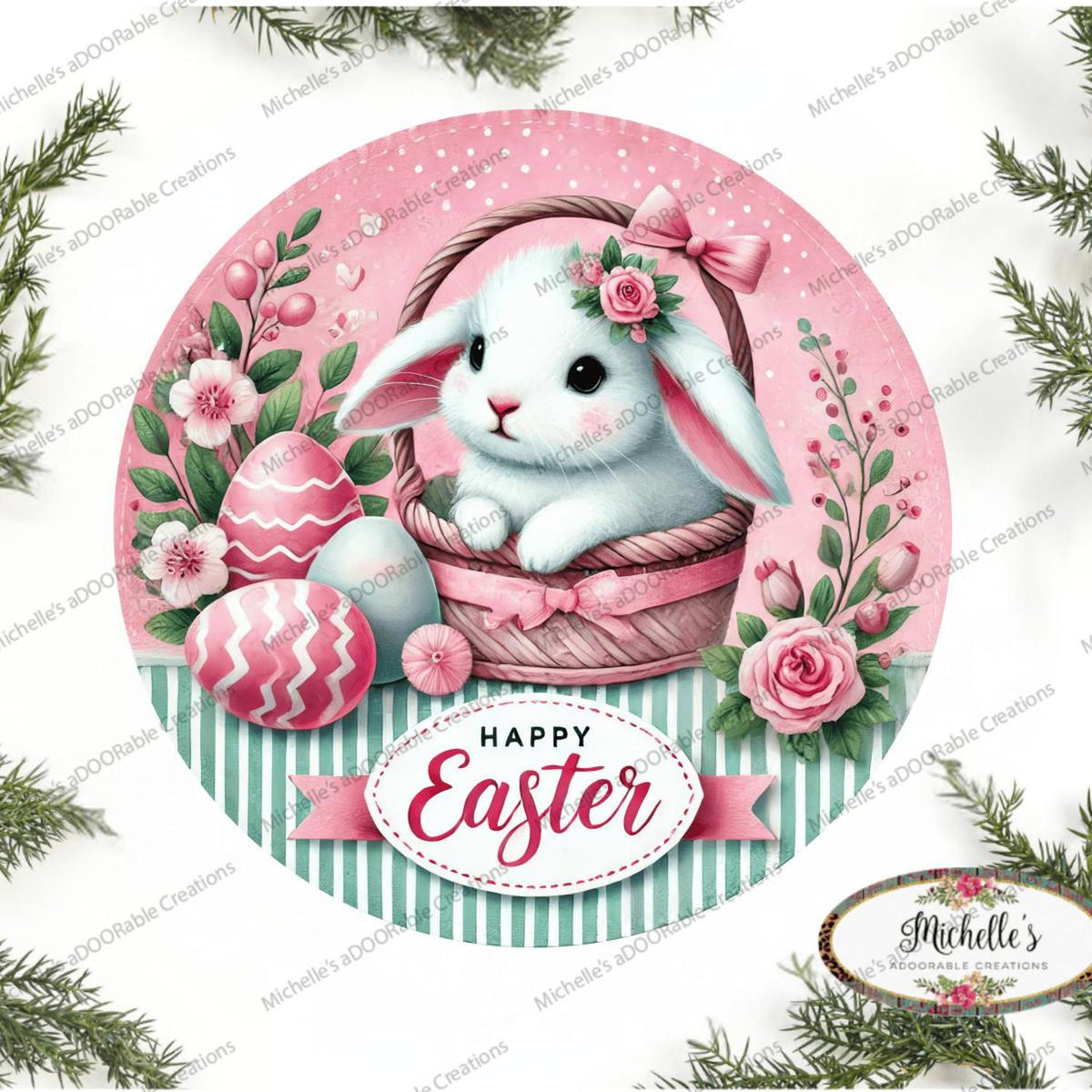 Happy Easter Bunny Basket Round Sign