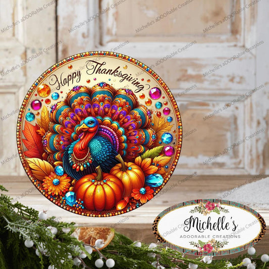 Happy Thanksgiving Jewel Turkey Round Sign