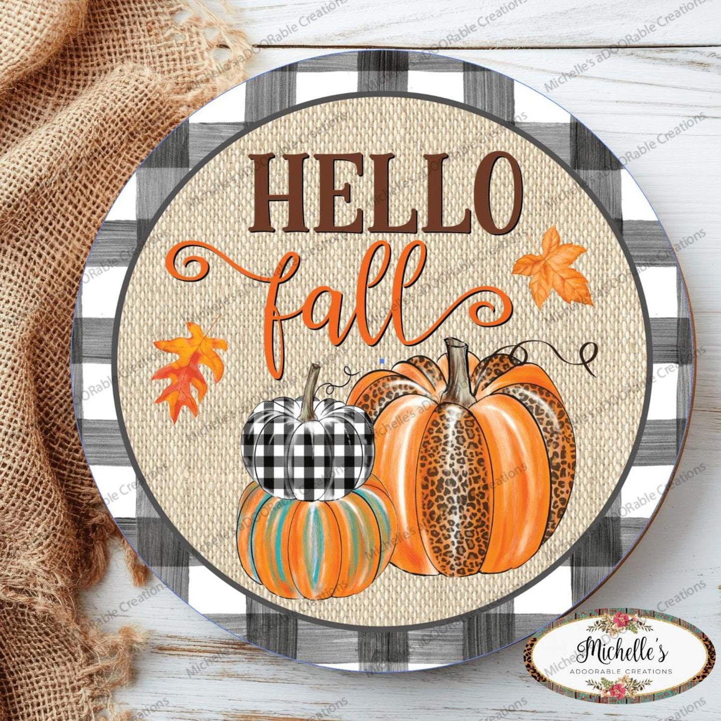 Hello Fall Leopard Pumpkins Black Plaid Sign