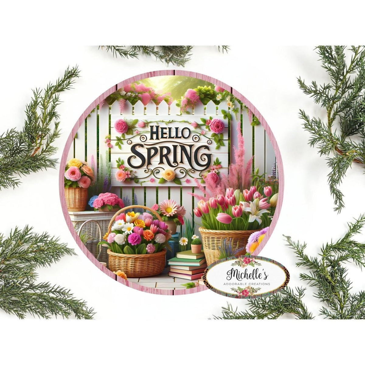 Hello Spring Pink Floral Metal Sign