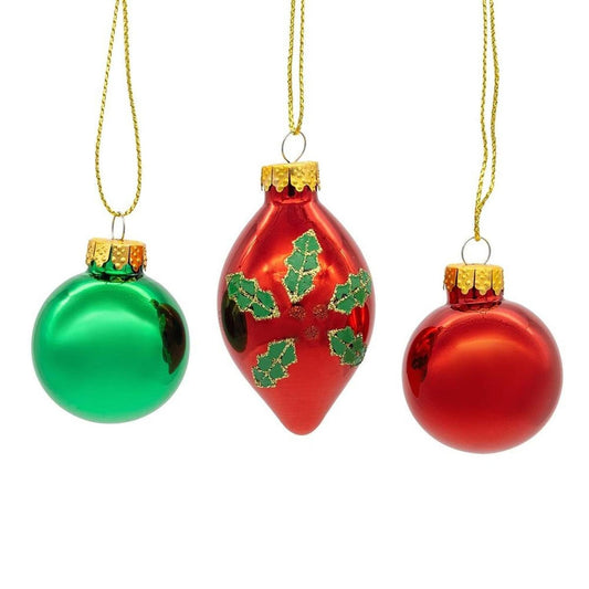 Kurt Adler 35MM Glass Green and Red With Holly Leaves Ball 12-Piece Set