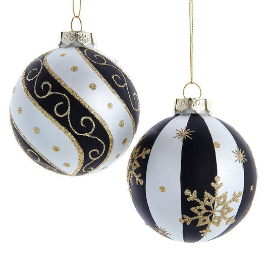 Kurt Adler 80 MM Silver/ Black/ Gold Glass Balls, 6-Piece Set