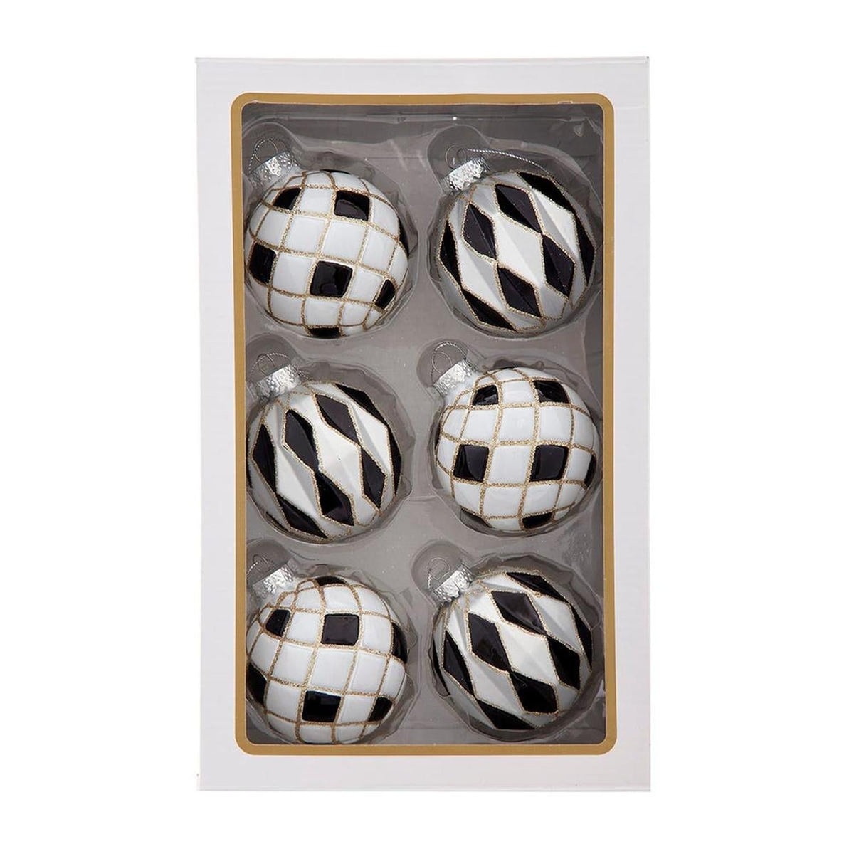 Kurt Adler 80MM Glass Black, White and Gold Checkered Ball Ornaments, 6-Piece Box