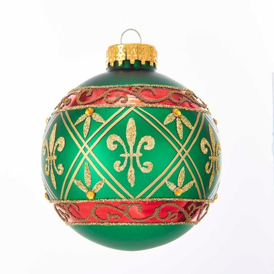 Kurt Adler 80MM Green Glass Ball Ornament Gold Fleur-De-Lis, Set of 6