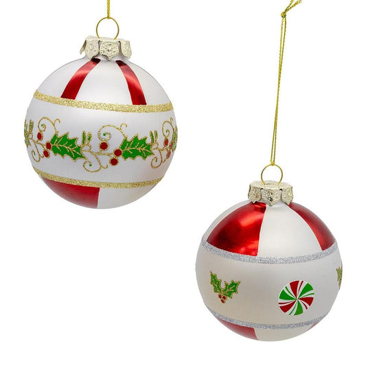Kurt Adler 80mm Holly Leaves Glass Ball Ornament (Set of 6)