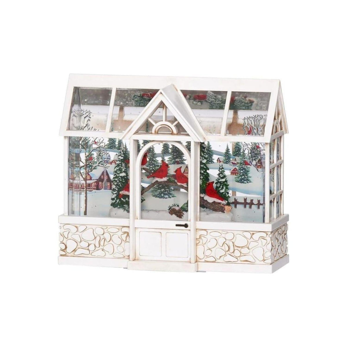 LED Swirl Greenhouse with Cardinals Snow Scene Figurine