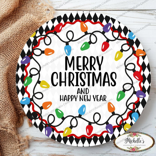 Merry Christmas New Year Lights Round Sign
