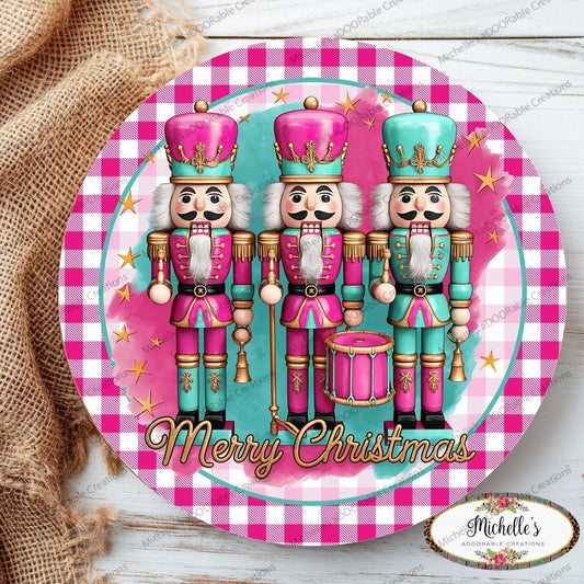 Merry Christmas Pink Teal Nutcracker Round Sign