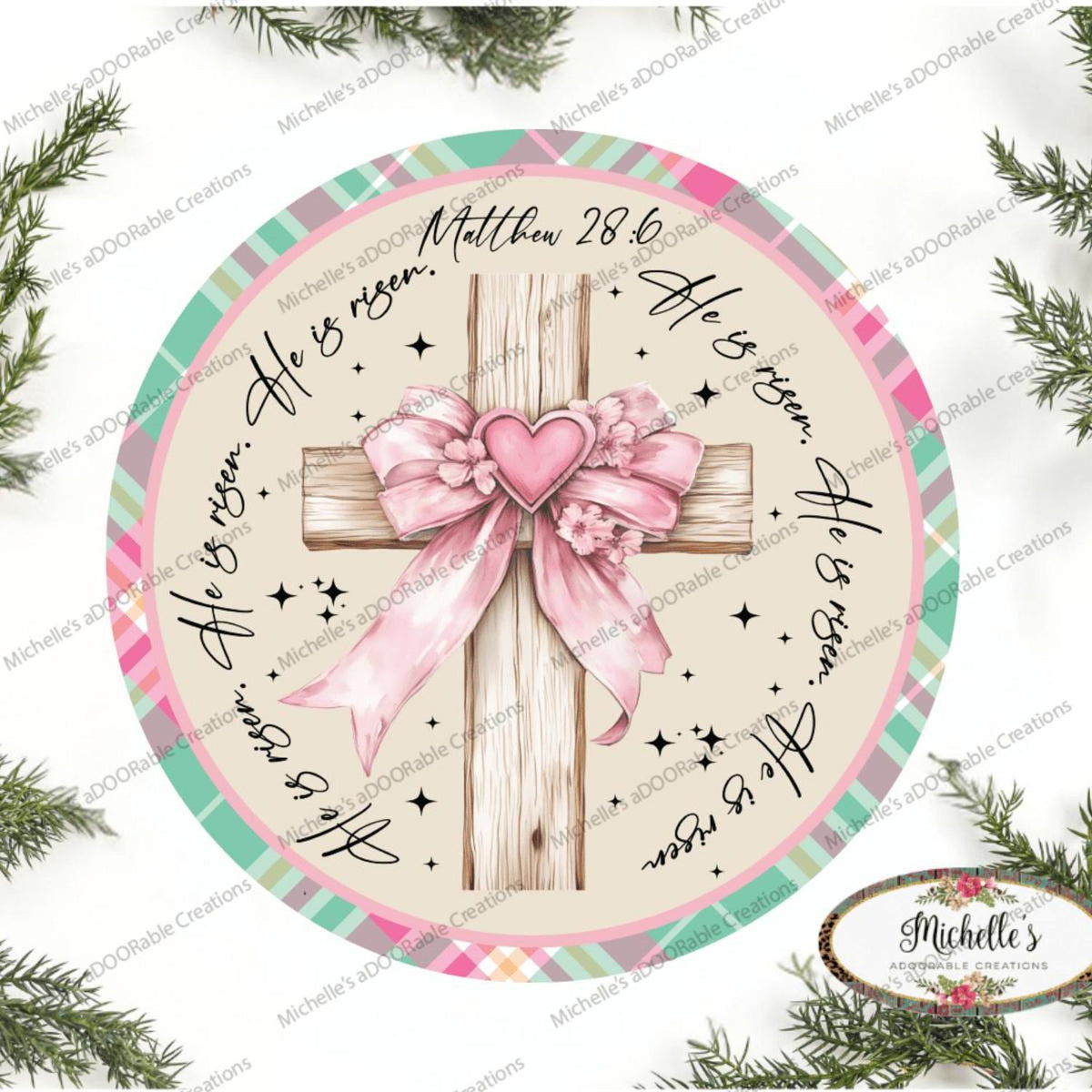 Pastel Plaid He Is Risen Cross Round Sign