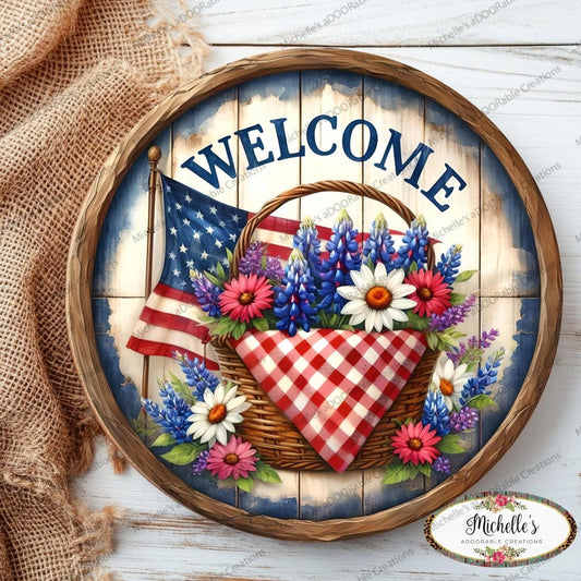 Patriotic Welcome Floral Basket Sign