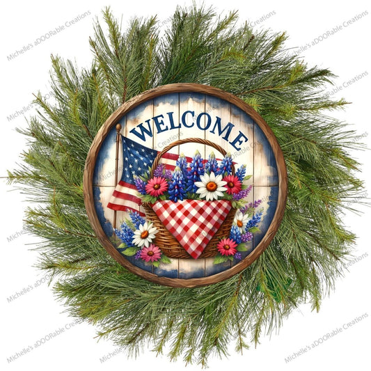 Patriotic Welcome Floral Basket Sign
