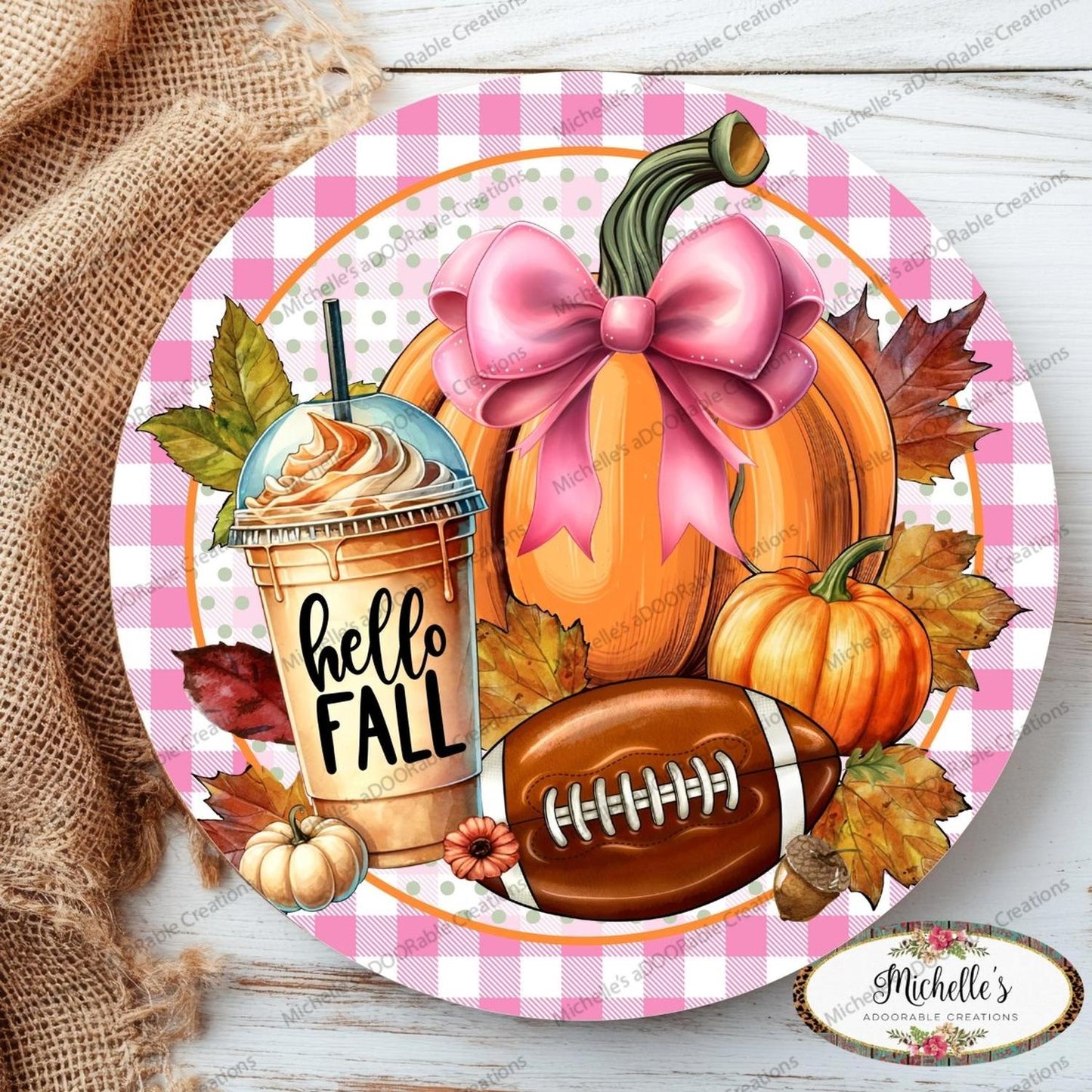 Pink Hello Fall Coffee Football Round Sign