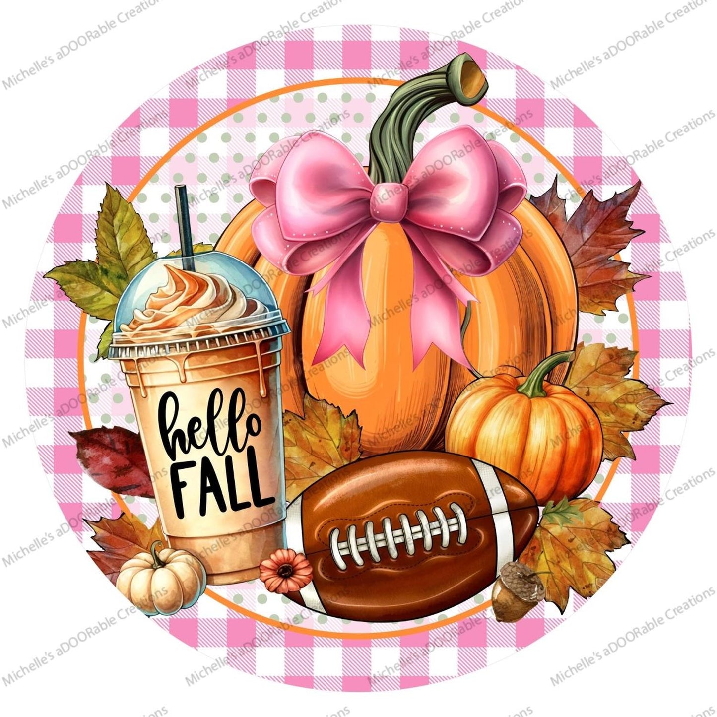 Pink Hello Fall Coffee Football Round Sign