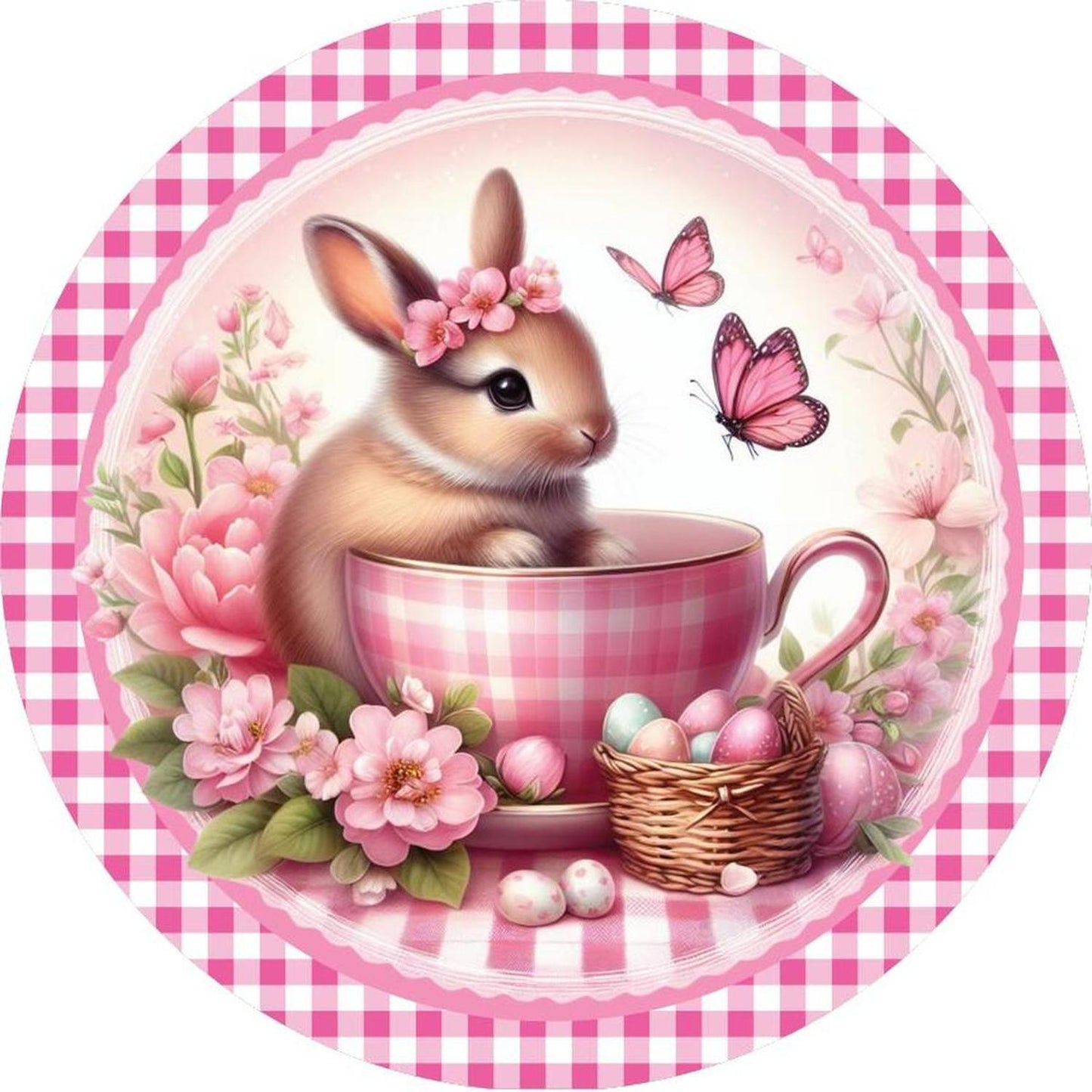 Pink Plaid Check Easter Spring Bunny Teacup Sign