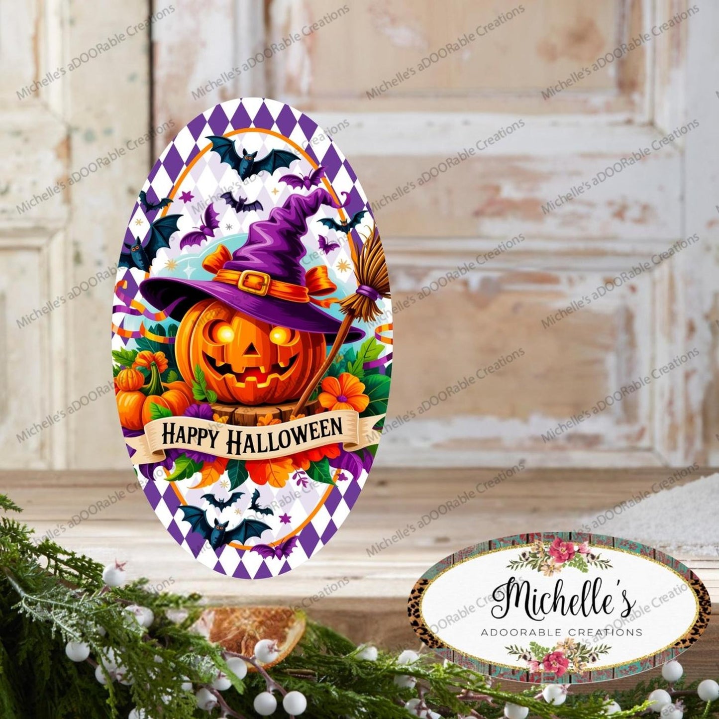 Purple Happy Halloween Pumpkin Oval Sign