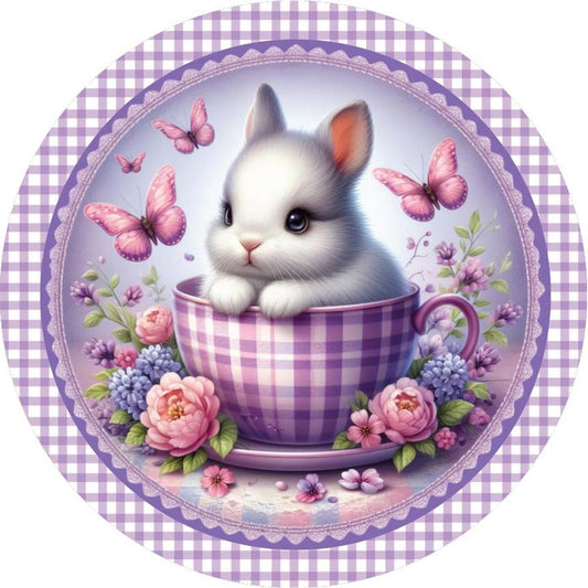 Purple Plaid Check Easter Spring Bunny Teacup Sign
