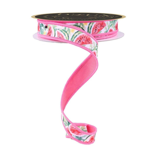7/8" Watermelon Fused Back Ribbon: Pink/White (10 Yards)