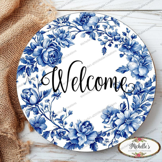 Welcome Blue Floral Round Sign
