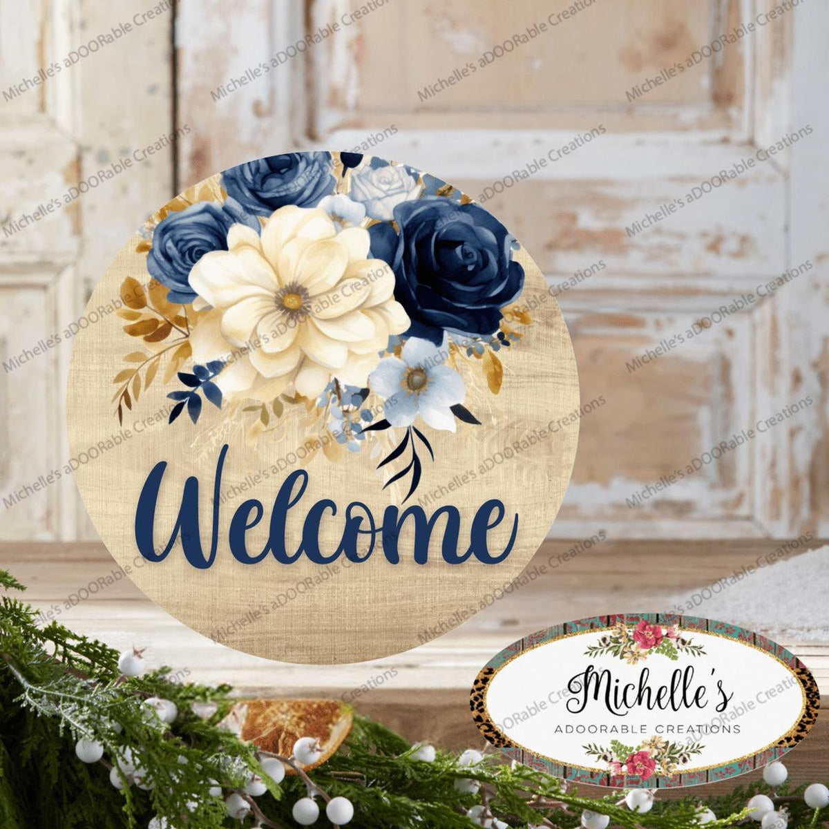 Welcome Blue Watercolor Floral Round Sign