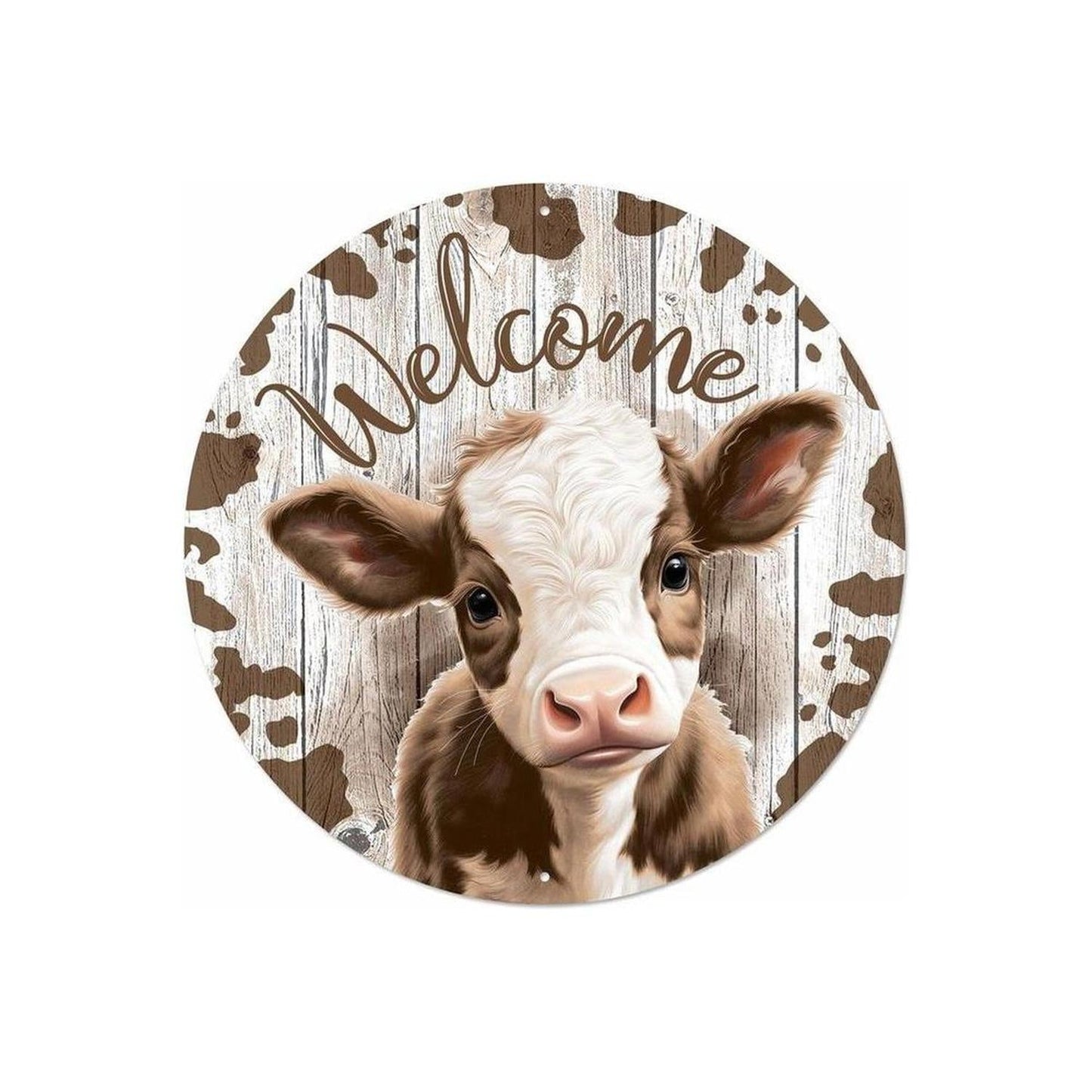 12" Metal Round Sign: Welcome Brown Calf