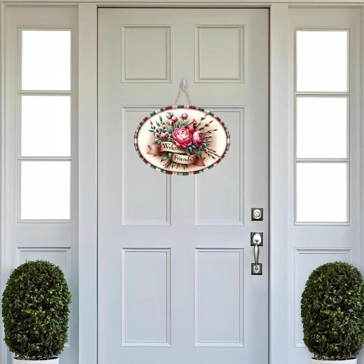 Welcome Friends Cardinal Peonies Oval Sign