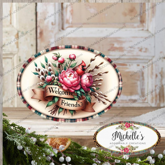 Welcome Friends Cardinal Peonies Oval Sign