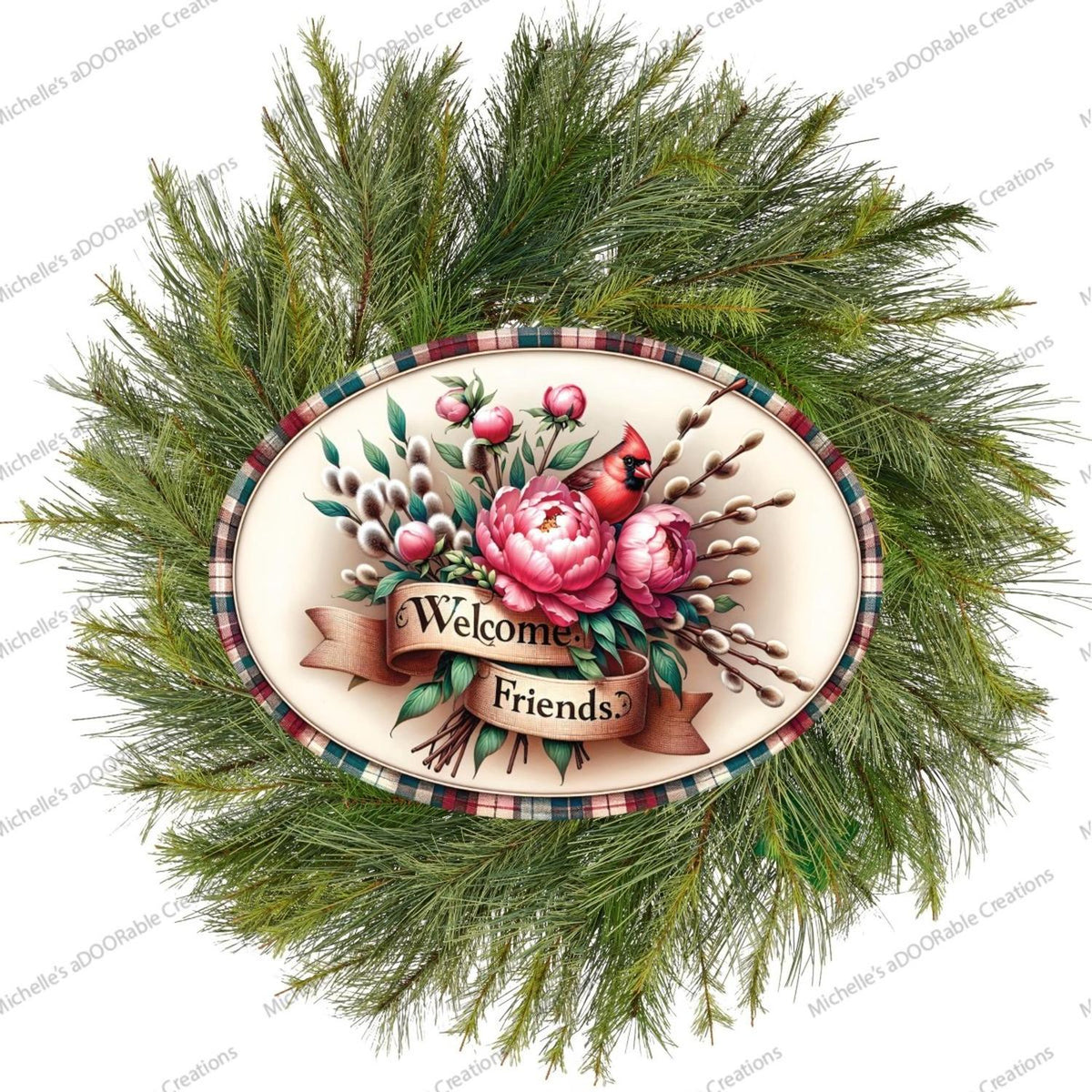 Welcome Friends Cardinal Peonies Oval Sign