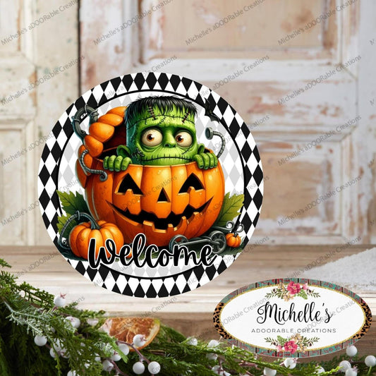 Welcome Halloween Frankenstein Pumpkin Sign