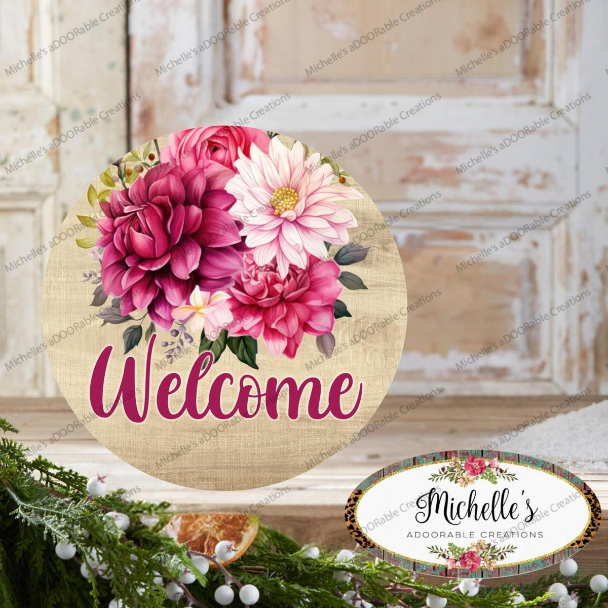 Welcome Watercolor Floral Round Sign