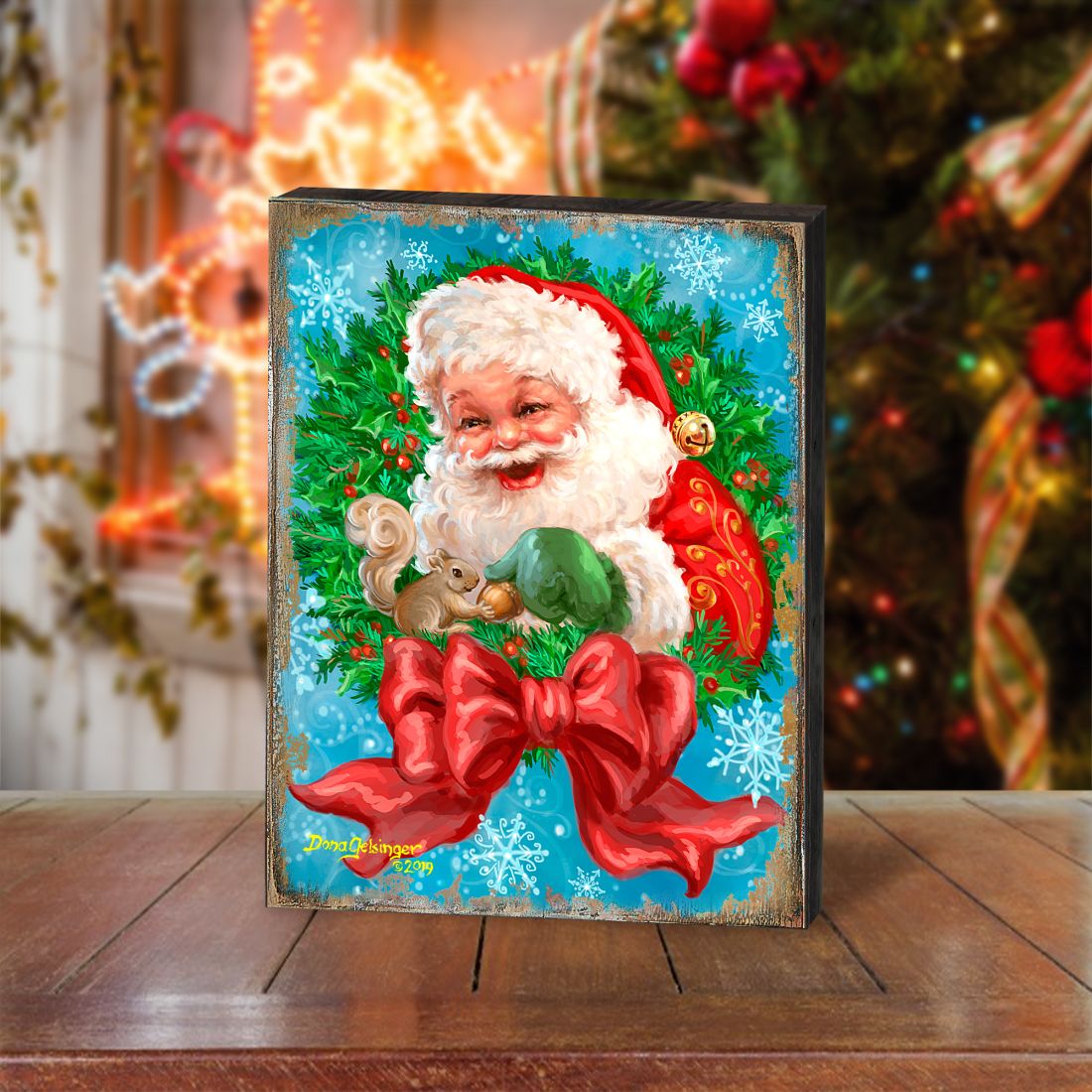 Santa Bow Wreath Art Wooden Wall Art by D. Gelsinger - Christmas Santa Snowman Decor - 95606B-1309
