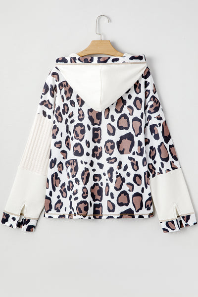 Apricot Leopard Mixed Texture Patchwork Zip Up Drop Shoulder Hoodie