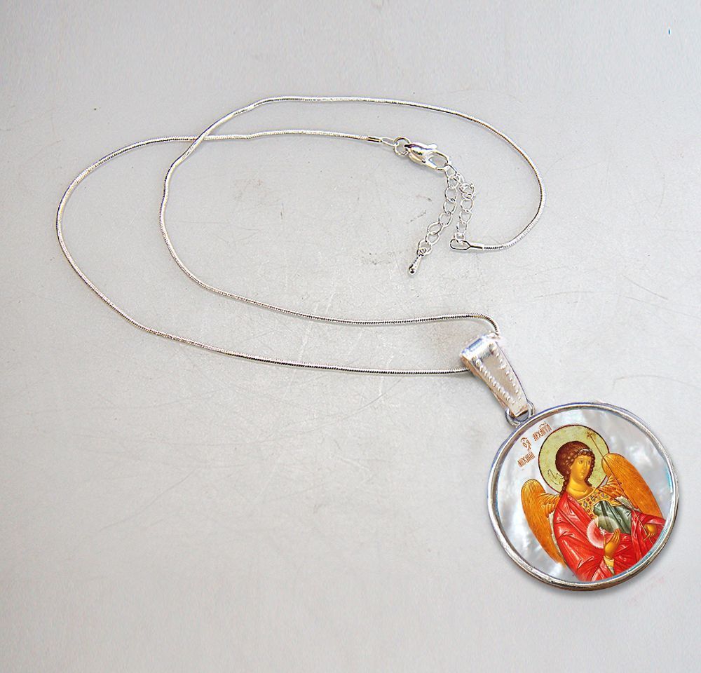Saint Michael the Archangel Silver Plated Mother of Pearl Necklace - 43027O