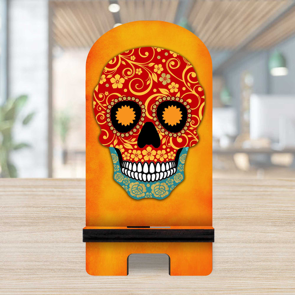 The Skull Cell Phone Stand Halloween Decor Wood Mobile Tablet Holder Charging Station Organizer - 892031