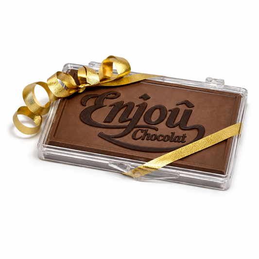 a chocolate bar with a gold ribbon